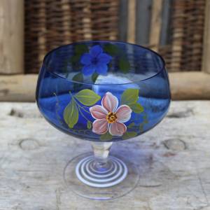 Fußschale Fußkelch Anbietschale Blumendekor Handbemalt Kristallglas  Vintage DDR Bild 2