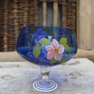 Fußschale Fußkelch Anbietschale Blumendekor Handbemalt Kristallglas  Vintage DDR Bild 4