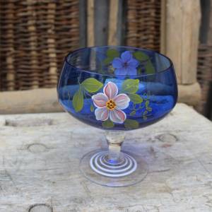 Fußschale Fußkelch Anbietschale Blumendekor Handbemalt Kristallglas  Vintage DDR Bild 5