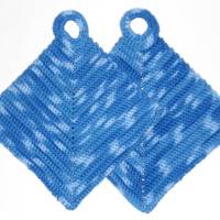 T0016 gehäkelt 2 Topflappen Baumwolle Handarbeit blaumeliert blau Küche Bild 2