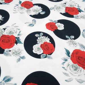 Stoff Baumwolle Jersey mit Blumen Rosen Punkte Design weiß schwarz rot grau Kleiderstoff Kinderstoff Bild 1
