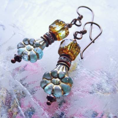 Boho Ohrringe Wasserblau und Grün - hypoallergene Niob Ohrhänger Kupfer