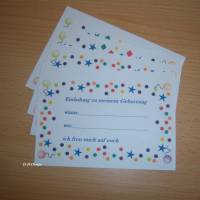 Einladungskarte zum Geburtstag, 5 Stück, Gr. Din A6 in 2 Ausführungen, Sterne,Kreise, Karos,Postkarte, Luftballons, Bild 1