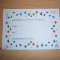 Einladungskarte zum Geburtstag, 5 Stück, Gr. Din A6 in 2 Ausführungen, Sterne,Kreise, Karos,Postkarte, Luftballons, Bild 3