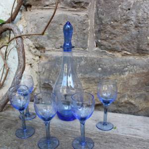 6 tlg. Likörset Karaffe 5 Gläser zartblaues Kristallglas Vintage 50er Jahre Bild 1