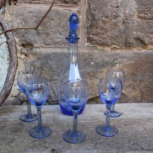6 tlg. Likörset Karaffe 5 Gläser zartblaues Kristallglas Vintage 50er Jahre Bild 2