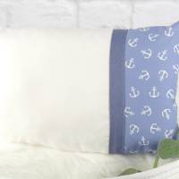 Personalisiertes Kissen zur Taufe, in blau und weiß, aus Baumwollstoff, Geldgeschenk, Anker, Boot Bild 3