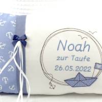 Personalisiertes Kissen zur Taufe, in blau und weiß, aus Baumwollstoff, Geldgeschenk, Anker, Boot Bild 4