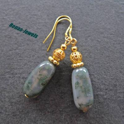Edelstein Ohrhänger Moosachat grün, Achat Perlen, 925 Silber vergoldet, goldfarben, handgefertigt