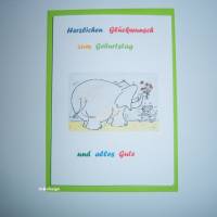 Geburtstagskarte, Klappkarte zum Geburtstag mit Kuvert, "Alles Gute zum Geburtstag",Postkarte, Elefant mit Blume