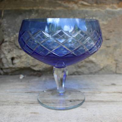 Fußschale Fußkelch kobaltblau geschliffen Kristallglas DDR