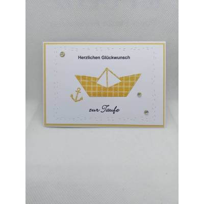 Grußkarte "zur Taufe", Origami Schiff in gelb