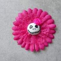 Skull , Jack, Haarspange, Haargummi, Stoff, Rose , Blume, fuchsia , pink Bild 1