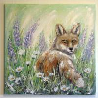 Fuchs in Lupinen und Margeriten - gemalter Fuchs mit Blumen auf Leinwand 60cmx60cm - Christiane Schwarz Bild 10