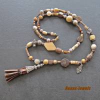Bettelkette Kette lang braun silberfarben mit Quasten Anhänger Perlenkette Bohokette Holzperlen Bild 4