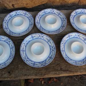 6 Eierbecher mit Ablage Indisch Blau Strohblume Bareuther Porzellan Bavaria Germany Vintage Bild 1