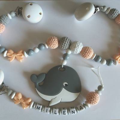 Kinderwagenkette in Apricot einzeln oder mit Schnullerkette mit Namen