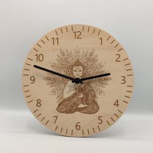 Handgefertigte Holz Wanduhr Buddha Meditation Yoga Gravur Uhr lautlos 25 cm Wohnzimmeruhr Mandala Bild 1
