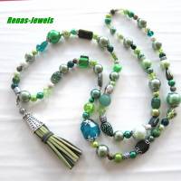 Bettelkette Bohokette grün silberfarben Ethno Kette Perlenkette Quaste Anhänger Edelstein Acryl Glas Perlen Bild 1