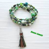 Bettelkette Bohokette grün silberfarben Ethno Kette Perlenkette Quaste Anhänger Edelstein Acryl Glas Perlen Bild 4