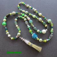 Bettelkette Bohokette grün silberfarben Ethno Kette Perlenkette Quaste Anhänger Edelstein Acryl Glas Perlen Bild 5
