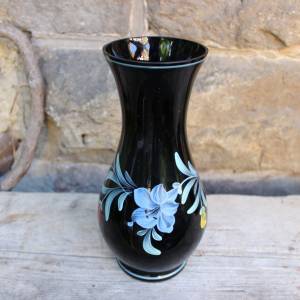 Vase Hyalithglas Schwarzglas Emaillefarben Handbemalt 50er Jahre DDR Bild 3