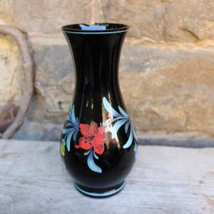 Vase Hyalithglas Schwarzglas Emaillefarben Handbemalt 50er Jahre DDR Bild 4