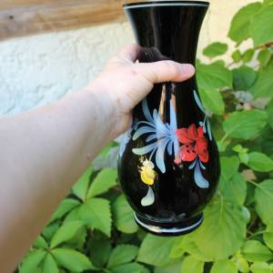 Vase Hyalithglas Schwarzglas Emaillefarben Handbemalt 50er Jahre DDR Bild 8