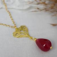 rote Jade Anhänger Kette Gold Damen, filigraner Blatt Anhänger, Lange Kette mit Tropfen Stein, Halskette mit Edelstein Bild 4