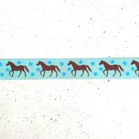 2 m oder mehr - 16 mm breites Pferde Sterne Webband in türkis, kiwigrün und lila - Lieferung in einem Stück! Bild 3