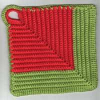 T0028 gehäkelt 2 Topflappen 100% Baumwolle Handarbeit rot hellgrün grün Küche Bild 2
