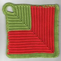 T0028 gehäkelt 2 Topflappen 100% Baumwolle Handarbeit rot hellgrün grün Küche Bild 3