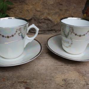2 antike Kaffeetassen Silberbraut Silberbräutigam Silberhochzeit Spruchtasse Tasse Sammeltasse  um 1900 Bild 2