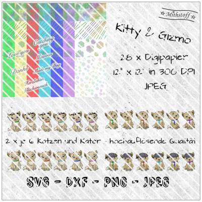 Digistamp & Digipapier - Katzen - Kitty  - Gizmo  - PNG  - JPEG - Datei - Mithstoff