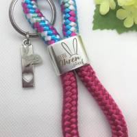 Schlüsselanhänger aus Segelseil/Segeltau, Zwischenstück "Halt die Ohren steif", pink/türkisblau/weiß Bild 1