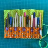 Stifterolle für 16 Stife, grün, orange, Stiftemappe zum binden, Stiftrolle, Etui Bild 1
