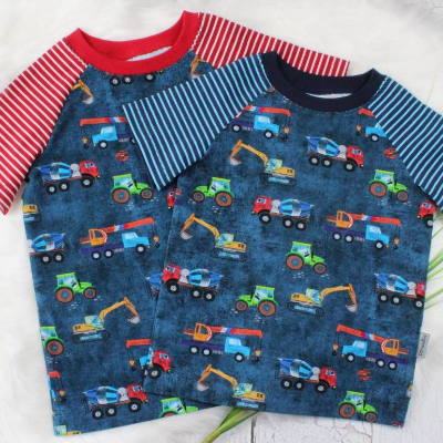 Kinder Baufahrzeuge Sommershirt T-Shirt Raglan Kindershirt Sommerkleidung Junge jeansblau rot türkis