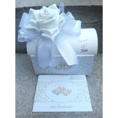 Geschenkbox + Karte Geldgeschenk zur Hochzeit silber weiß personalisiert Glitzerschmetterlinge