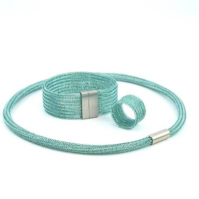 doppelt, hand gestricktes Schmuckset, Schlauchkette, Armband & Ring, Helltürkis mit Magnetverschlüssen, oder einzeln ab