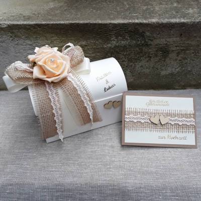 Geschenkbox + Karte Geldgeschenk zur Hochzeit vintage creme personalisiert beige