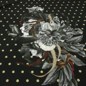 Stoff Viskose Jersey Blumen Punkte Stoffpanel Rapportdruck 79cm schwarz beige grau Kleiderstoff Bild 2