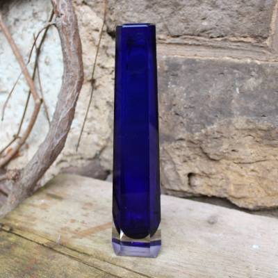 Sommerso Stil Vase Blockvase VEB Kunstglas Wasungen blau DDR