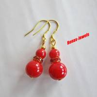 Perlen Ohrhänger Koralle synthetisch rot goldfarben Ohrringe Ohrhaken aus 925 Silber vergoldet Bild 1