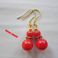 Perlen Ohrhänger Koralle synthetisch rot goldfarben Ohrringe Ohrhaken aus 925 Silber vergoldet Bild 3