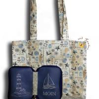 Maritime Falttasche Einkaufsbeutel mit Stickmotiv Namen Moin Leuchtturm Einkaufstaschen Geschenke Geburtstag Weihnachten Bild 1