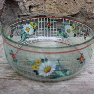 Schüssel Schale Obstschüssel Glas Emaillefarben Handbemalt Blumen Dekor 30 40er Jahre Bild 1