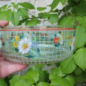 Schüssel Schale Obstschüssel Glas Emaillefarben Handbemalt Blumen Dekor 30 40er Jahre Bild 6