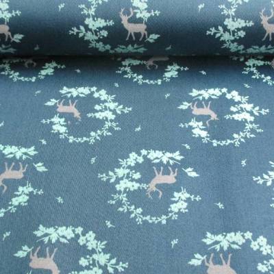 Trachtenstoff Dirndlstoff Baumwollsatin Hirsch Reh, Petrol Oeko-Tex Standard 100(1m/12,-€)