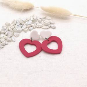Große Herz-Ohrringe Rot Weiß aus Polymer Clay Bild 3