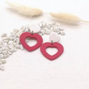 Große Herz-Ohrringe Rot Weiß aus Polymer Clay Bild 4